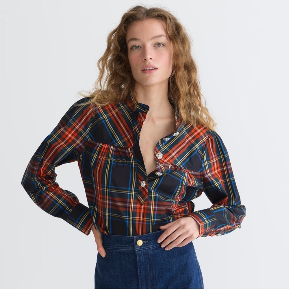 J Crew Tartan Plaid Jewel Blouse